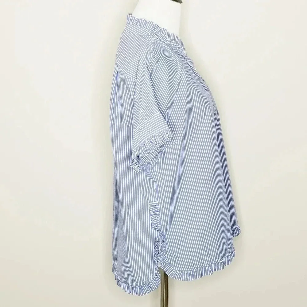 J. Crew Blue & White Pinstripe Ruffle Blouse 0